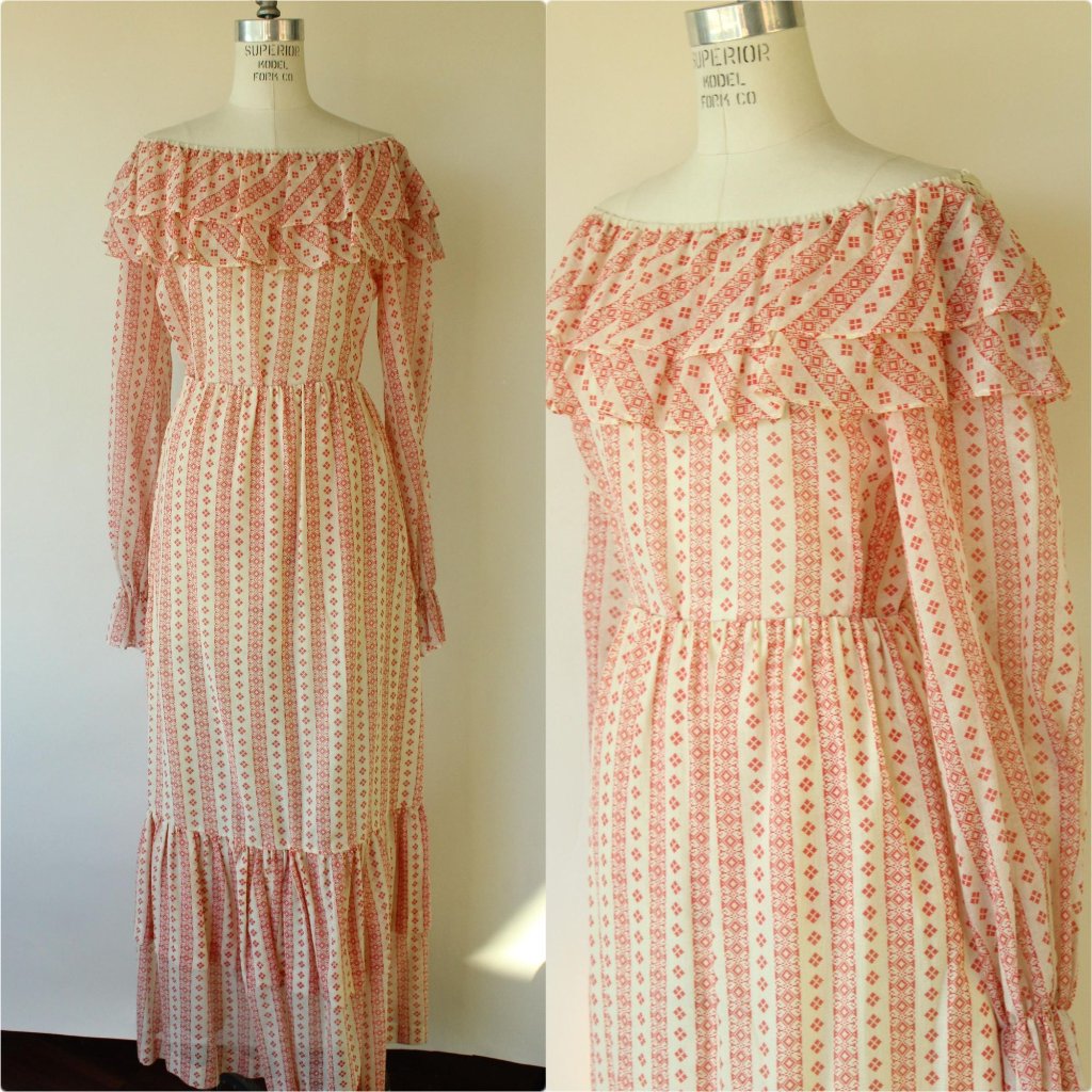 Vintage 1960s 1970s Skirt And Blouse, Neiman-Marcus Orange And Cream Peasant Sty